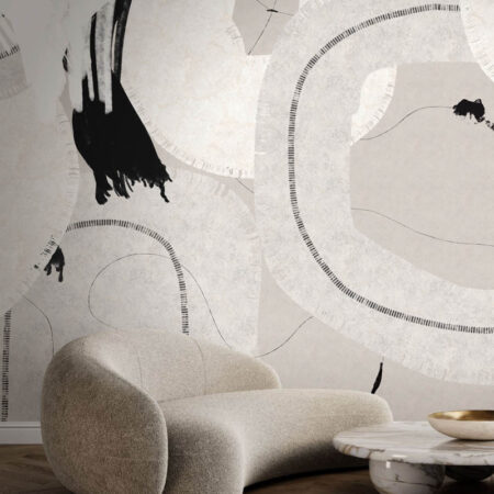 Hype 08 Toronto wallpaper installed in a modern living space with large abstract forms in neutral tones.