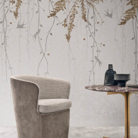Mudita II Toronto wallpaper installed in a modern sitting area with soft hanging vines and subtle bird illustrations.