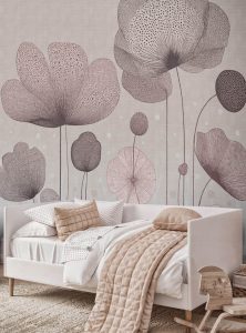 Folini contemporary wallpaper by Artedimuro, featuring oversized botanical floral patterns in soft earthy tones, styled in a modern bedroom with minimalist decor and neutral colors.