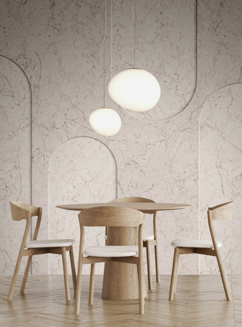 ontemporary wallpaper design Lunaris by Artedimuro, featured in a modern dining room with natural wood furniture and minimalist lighting.