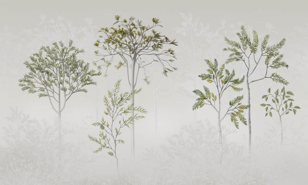 Skog contemporary wallpaper by Artedimuro, showcasing botanical illustrations of trees and leaves in a modern bedroom setting with warm tones and a Scandinavian-inspired design