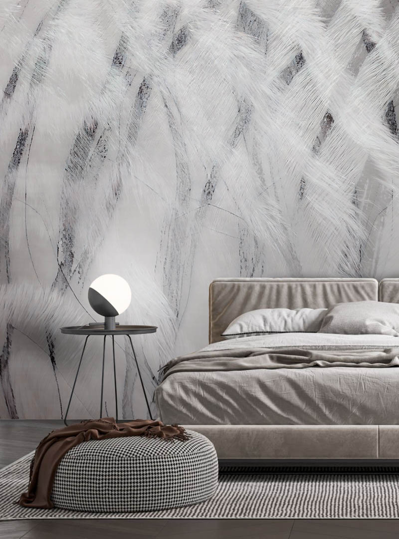 Elegant bedroom featuring ‘Cafuné IV’ wallpaper with a soft, feather-like pattern in neutral tones