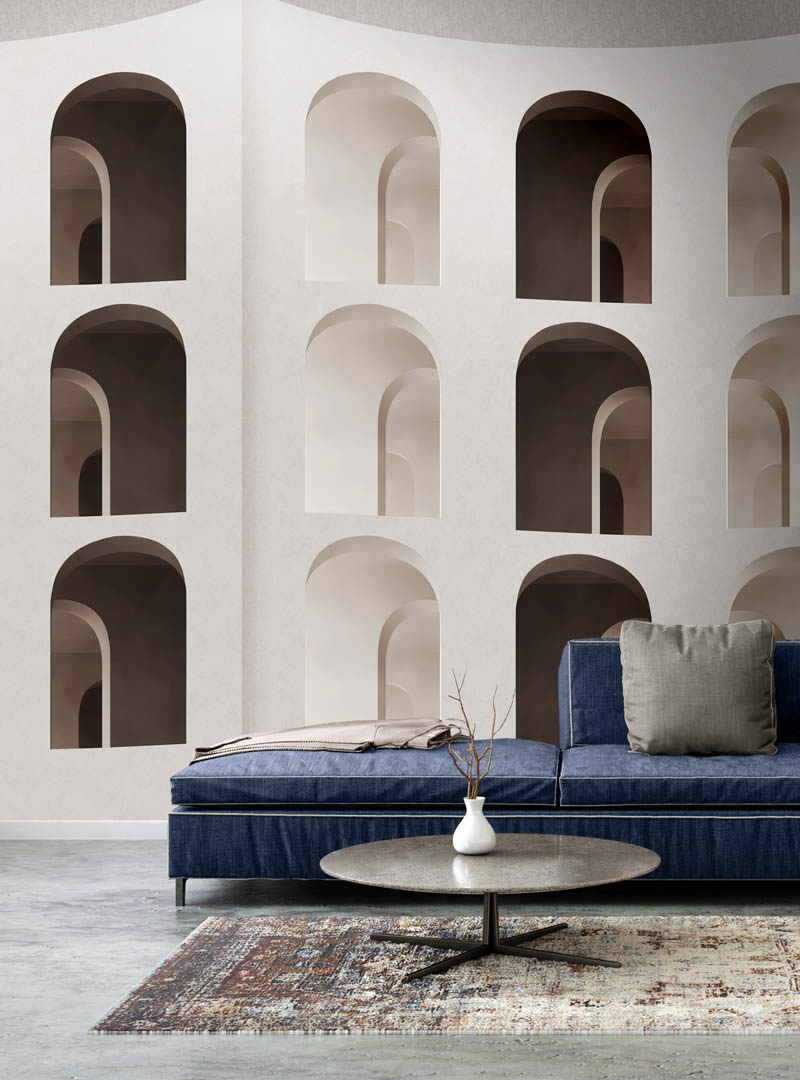 Modern living room with ‘Dualità’ wallpaper featuring elegant arch patterns in neutral and dark tones.