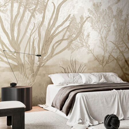 Bedroom featuring Aquatic Tale Mono wallpaper with delicate underwater motifs, adding serene elegance to contemporary interiors in Toronto and Canada