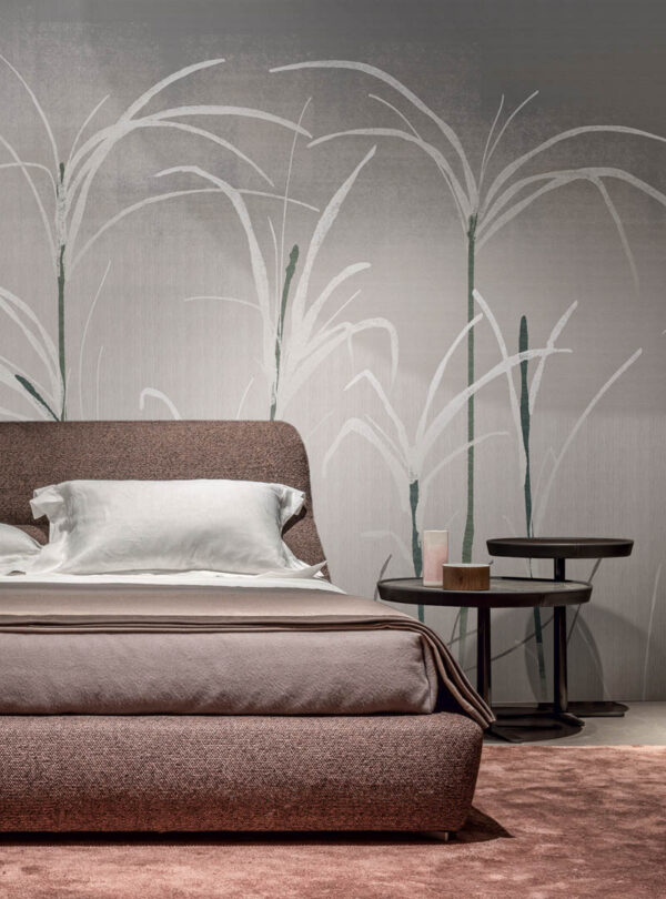 Bedroom with Hitoiki II contemporary wallpaper in Toronto, featuring a serene grass-inspired pattern in neutral tones for a modern and tranquil atmosphere.