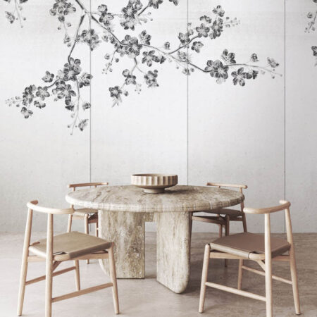 Dining area featuring Karu-sa II contemporary wallpaper with cherry blossom-inspired patterns, creating a serene and elegant setting in Toronto, Canada.