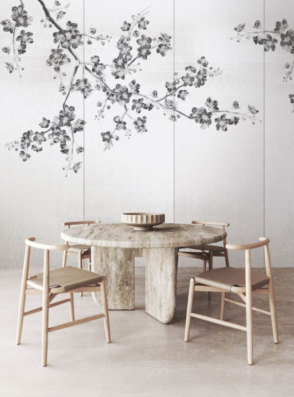 Dining area featuring Karu-sa II contemporary wallpaper with cherry blossom-inspired patterns, creating a serene and elegant setting in Toronto, Canada.