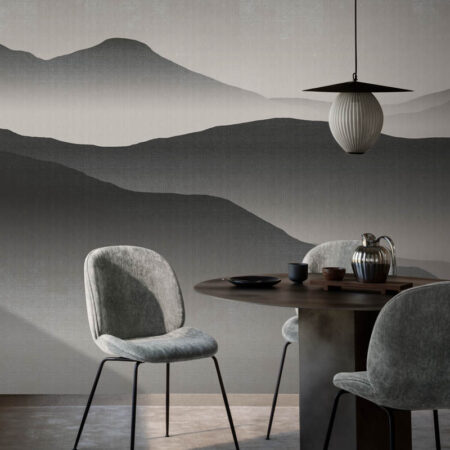 Dining room featuring Monn contemporary wallpaper with misty landscape-inspired gradients, adding depth and tranquility to interiors in Toronto and Canada.