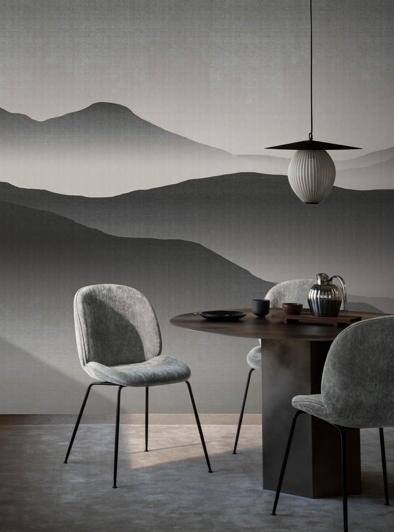 Dining room featuring Monn contemporary wallpaper with misty landscape-inspired gradients, adding depth and tranquility to interiors in Toronto and Canada.