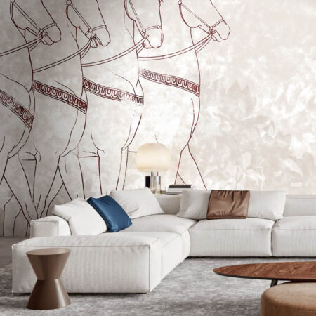 Living room featuring Romani Equi contemporary wallpaper with dynamic horse motifs, adding classical elegance to interiors in Toronto and Canada.