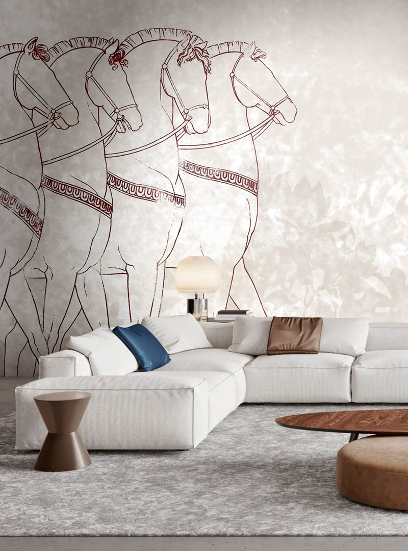 Living room featuring Romani Equi contemporary wallpaper with dynamic horse motifs, adding classical elegance to interiors in Toronto and Canada.