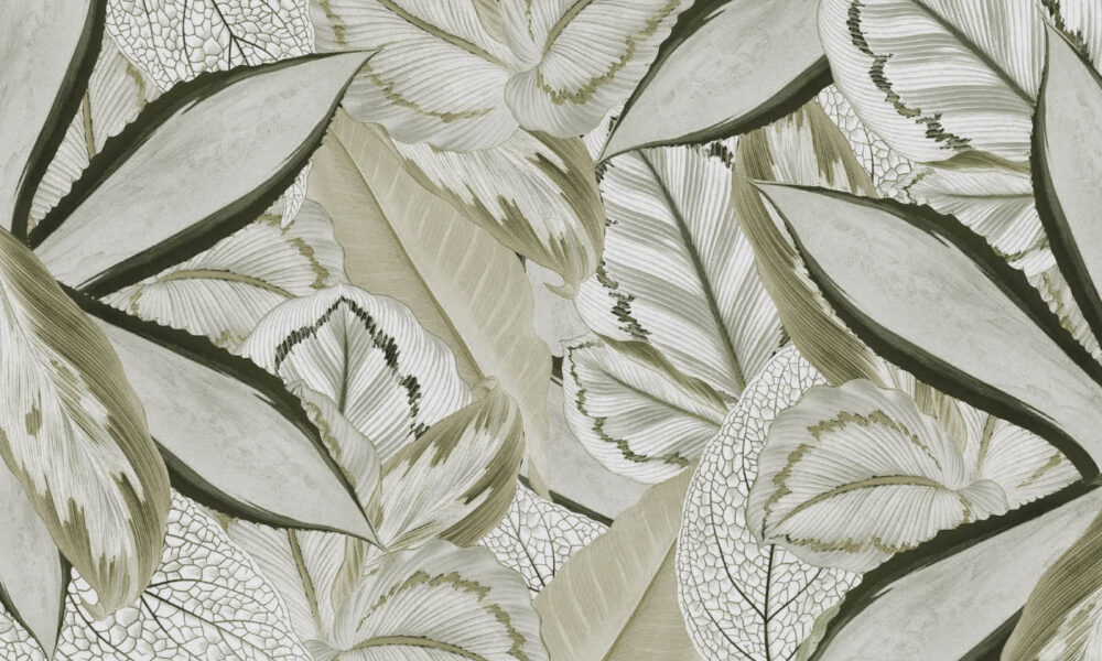 Lush green tropical leaf wallpaper design for contemporary interiors.