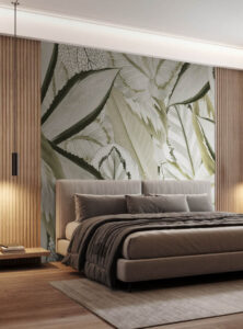 Green tropical wallpaper in a modern bedroom with wooden panel accents.