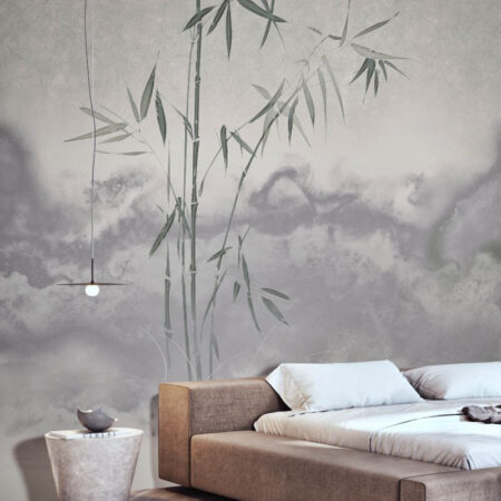 Toronto bedroom featuring Rareshi contemporary wallpaper, a nature-inspired design with bamboo and misty textures.