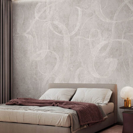 Falina wallpaper in a modern bedroom with upholstered bed and soft lighting
