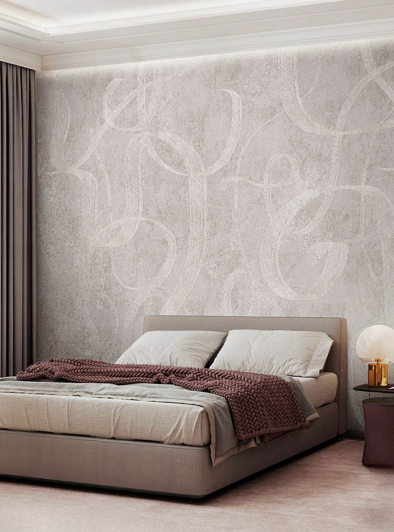 Falina wallpaper in a modern bedroom with upholstered bed and soft lighting