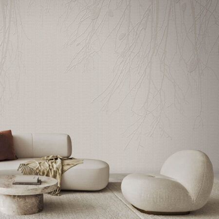 Haru wallpaper in a minimalist living room with soft beige seating and stone table