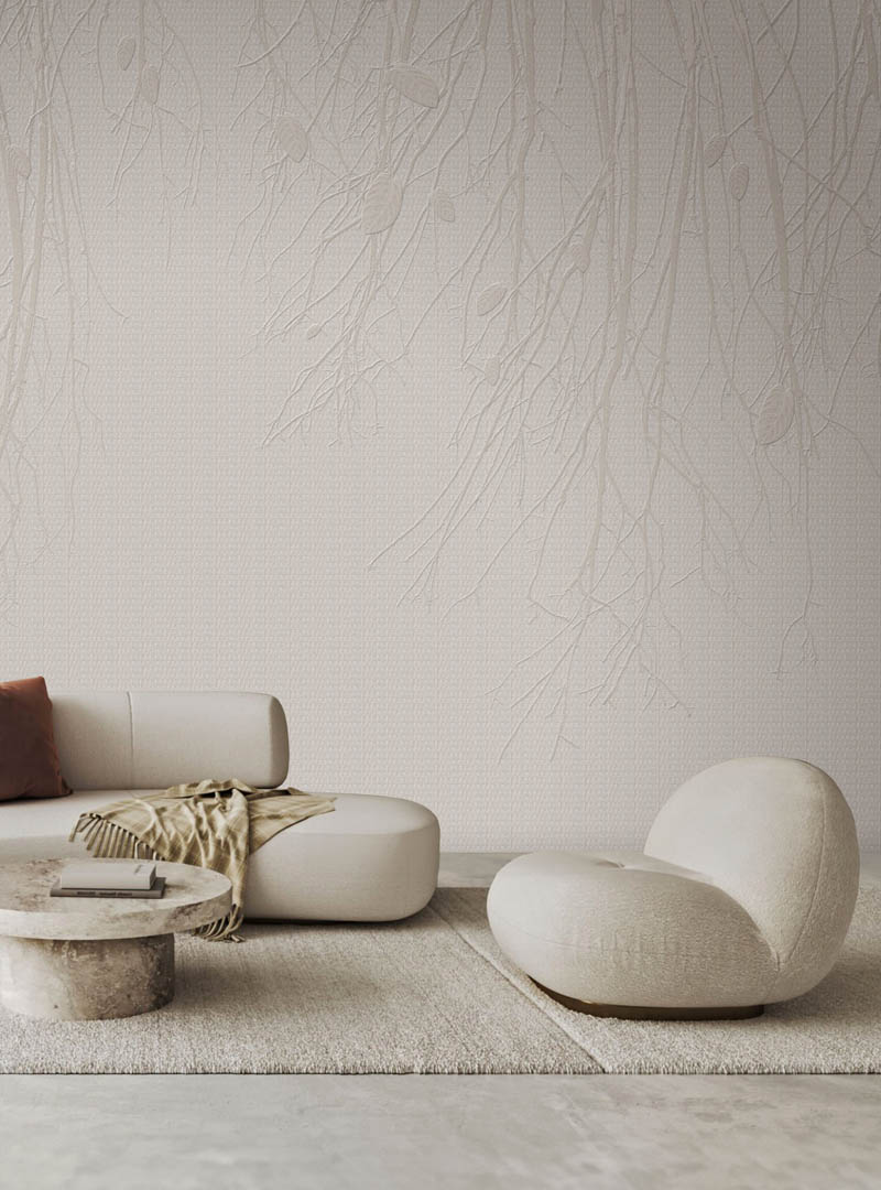 Haru wallpaper in a minimalist living room with soft beige seating and stone table