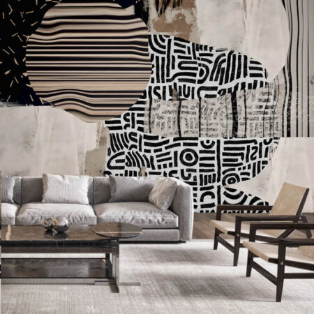 Hype07 wallpaper in a modern living room with neutral furniture and wood accents