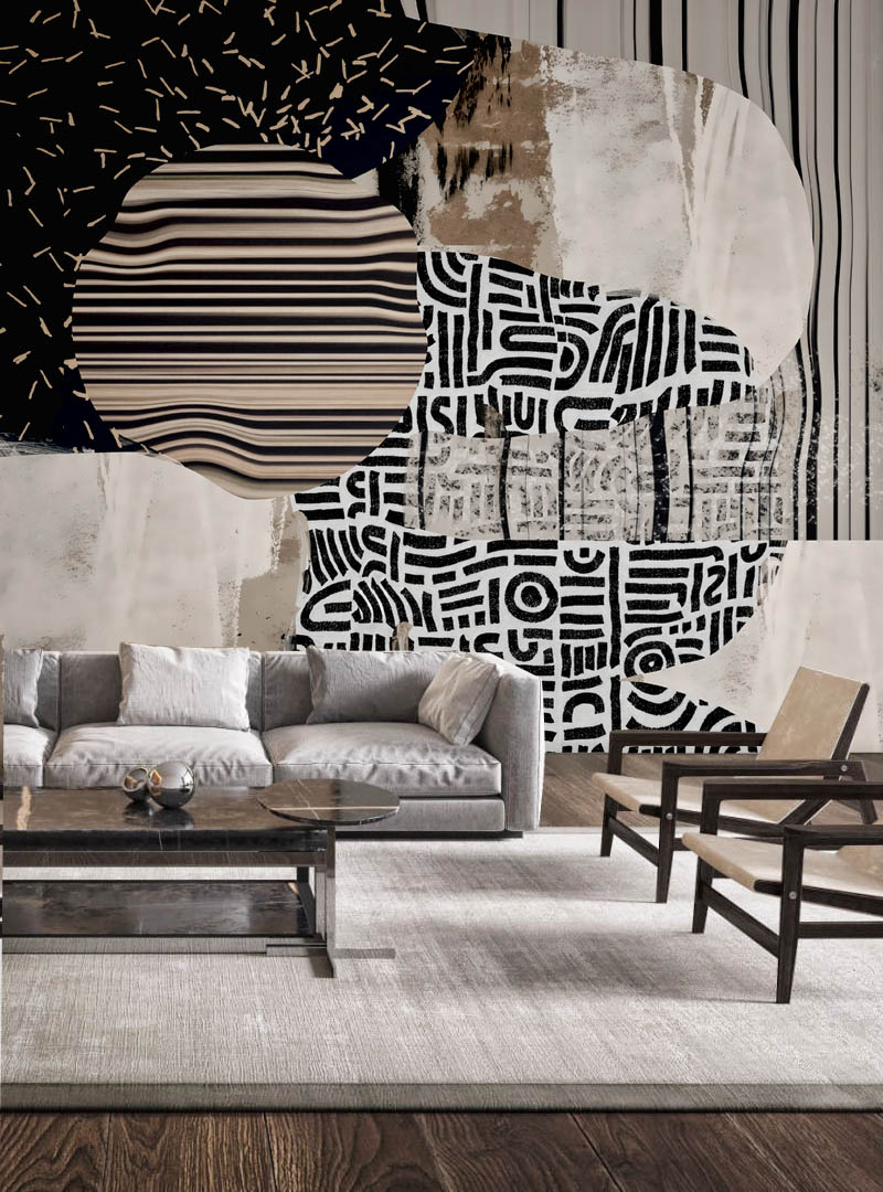 Hype07 wallpaper in a modern living room with neutral furniture and wood accents