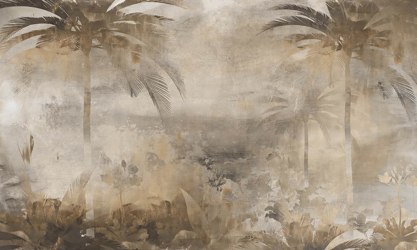 Full View of Palm Dreams II Wallpaper Mural Full Palm Dreams II wallpaper mural with muted tropical foliage and faded palm trees