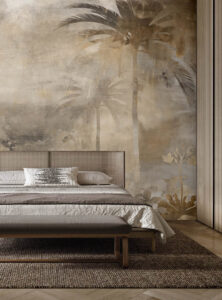Palm Dreams II wallpaper in a warm modern bedroom with layered linens and woven textures