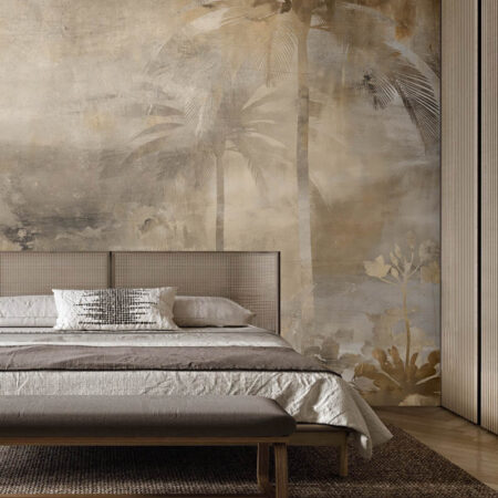 Palm Dreams II wallpaper in a warm modern bedroom with layered linens and woven textures