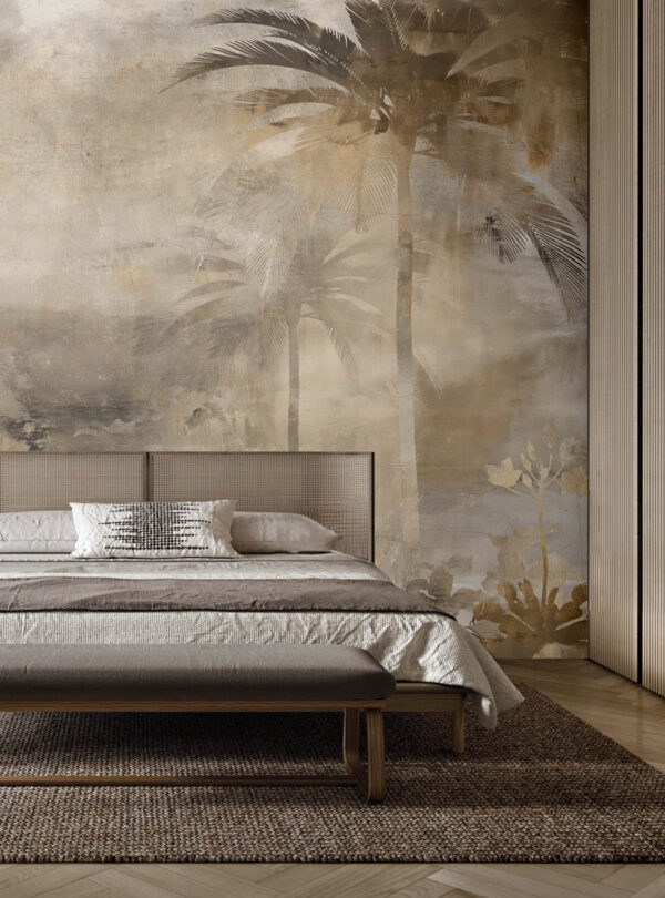 Palm Dreams II wallpaper in a warm modern bedroom with layered linens and woven textures