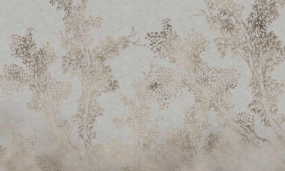 Japanese botanical wallpaper with neutral ink-style trees and soft textures