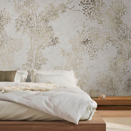 Anraku botanical wall mural in minimalist bedroom with low wood platform bed