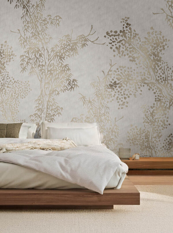 Anraku botanical wall mural in minimalist bedroom with low wood platform bed