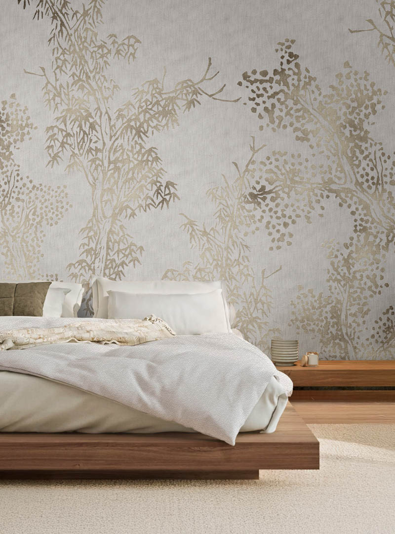 Anraku botanical wall mural in minimalist bedroom with low wood platform bed