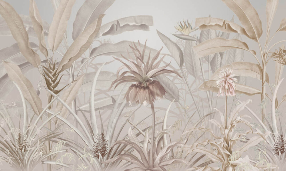Neutral tropical botanical wallpaper design with banana leaves and soft foliage