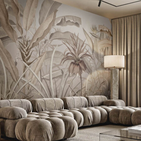 Neutral botanical wall mural in luxury Toronto living room with modular sofa