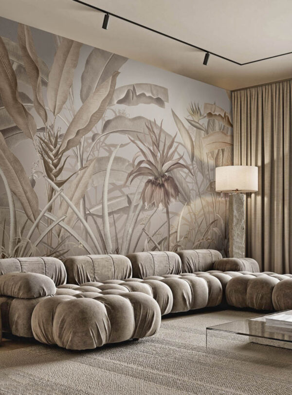 Neutral botanical wall mural in luxury Toronto living room with modular sofa