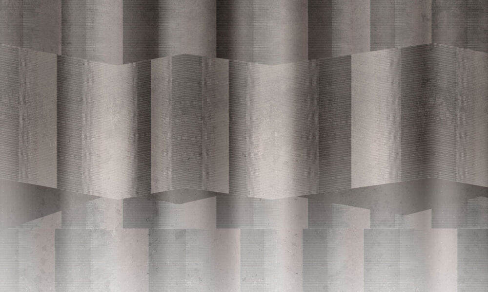 Architectural mural wallpaper with tonal concrete textures and vertical 3D folds