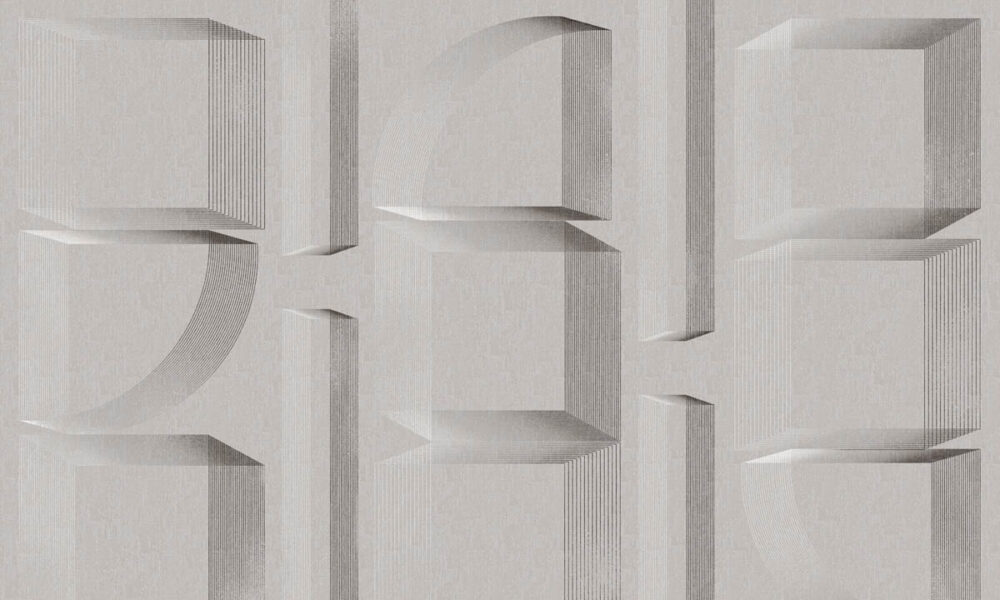 Modern geometric wallpaper mural with linear shapes and 3D architectural forms