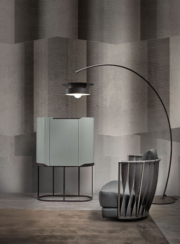 Geometria Fracta mural wallpaper in modern interior with arc lamp and sculptural chair