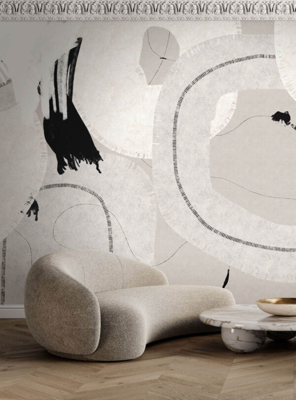 Hype 08 Toronto wallpaper installed in a modern living space with large abstract forms in neutral tones.