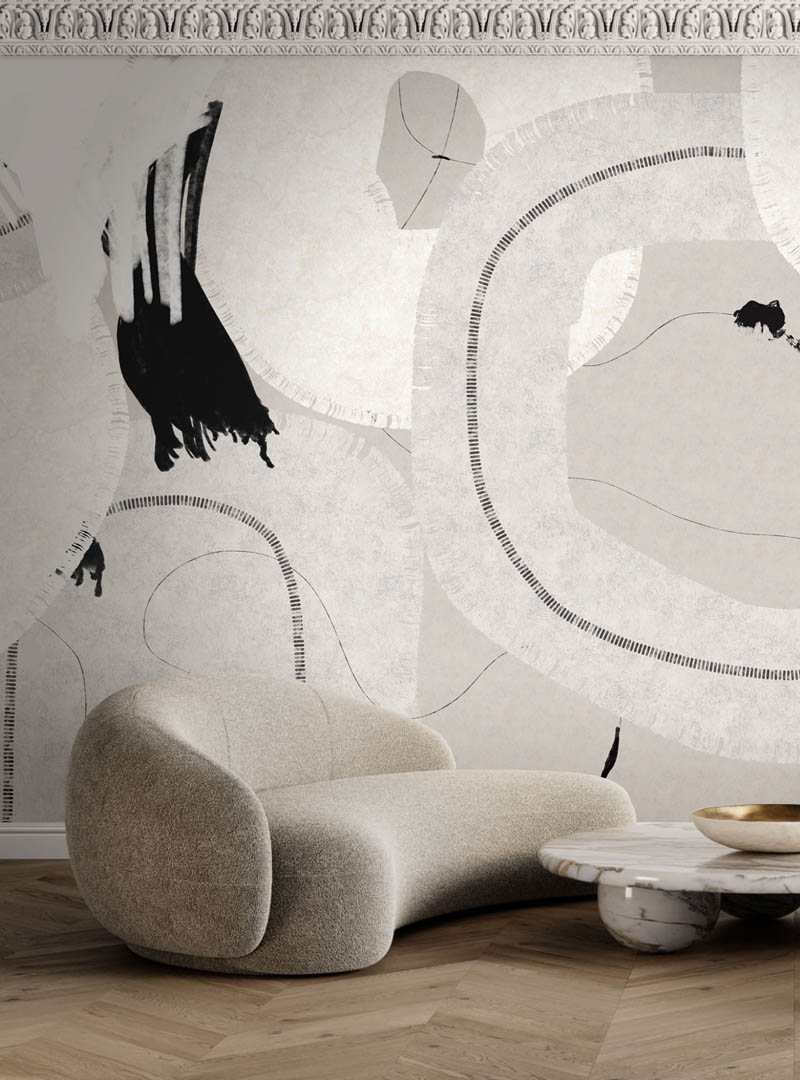 Hype 08 Toronto wallpaper installed in a modern living space with large abstract forms in neutral tones.