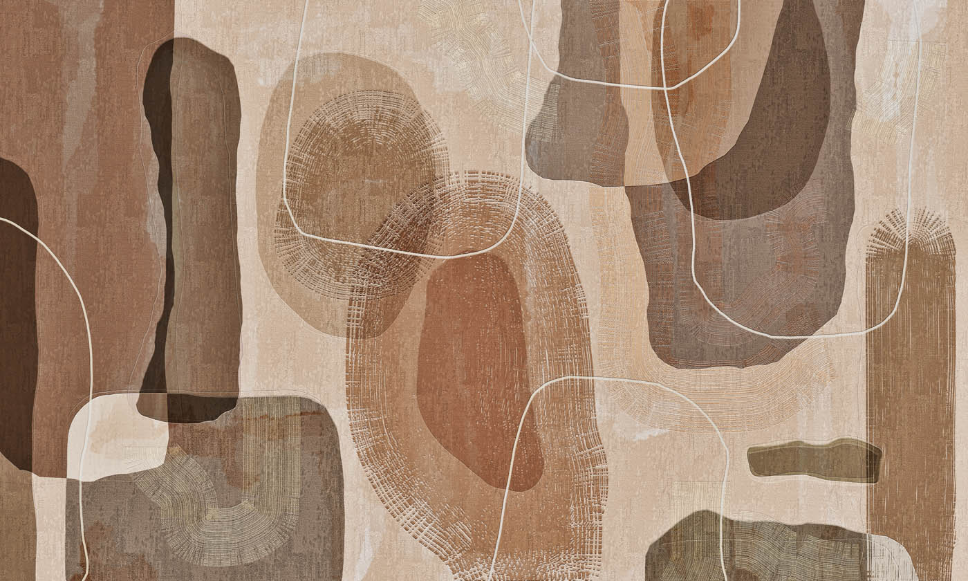 Primordial Forms - 25 edit Primordial Forms Toronto wallpaper mural with layered abstract shapes in warm earth tones and fine etched detailing.