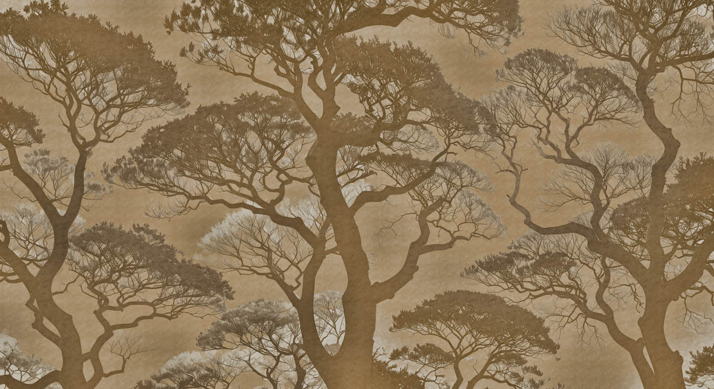 Shizuka na Mori – Toronto Wallpaper Mural Artwork Shizuka na Mori Toronto wallpaper mural with layered Japanese forest silhouettes in warm neutral tones.