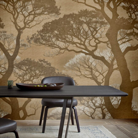 Shizuka na Mori Toronto wallpaper mural installed in a dining room with warm forest silhouettes and a charcoal-toned table.