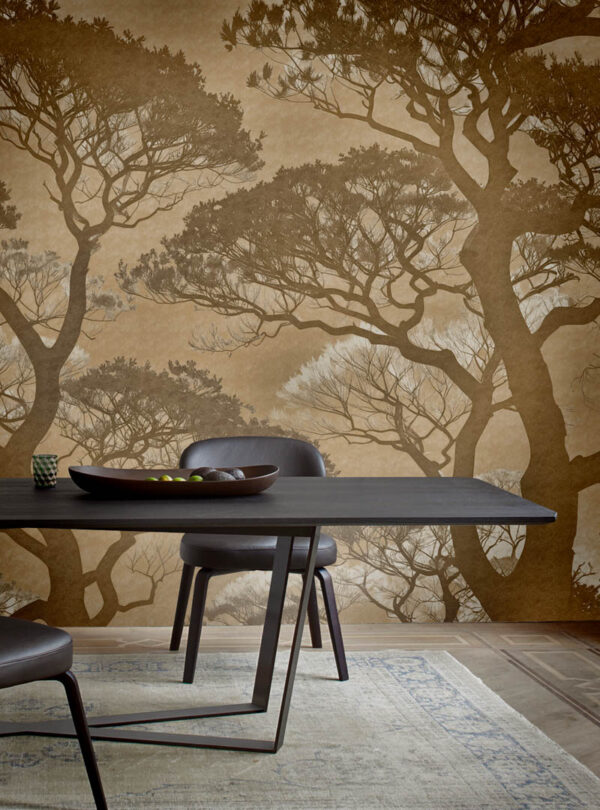 Shizuka na Mori Toronto wallpaper mural installed in a dining room with warm forest silhouettes and a charcoal-toned table.