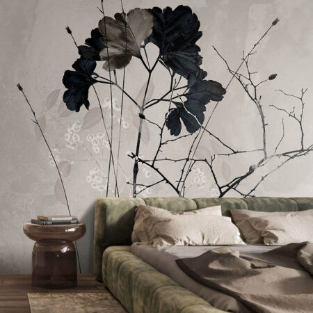 Herbarium botanical wallpaper mural with dark leaves and soft neutral background