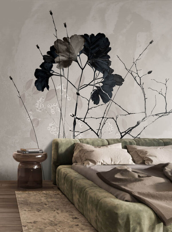 Herbarium botanical wallpaper mural with dark leaves and soft neutral background