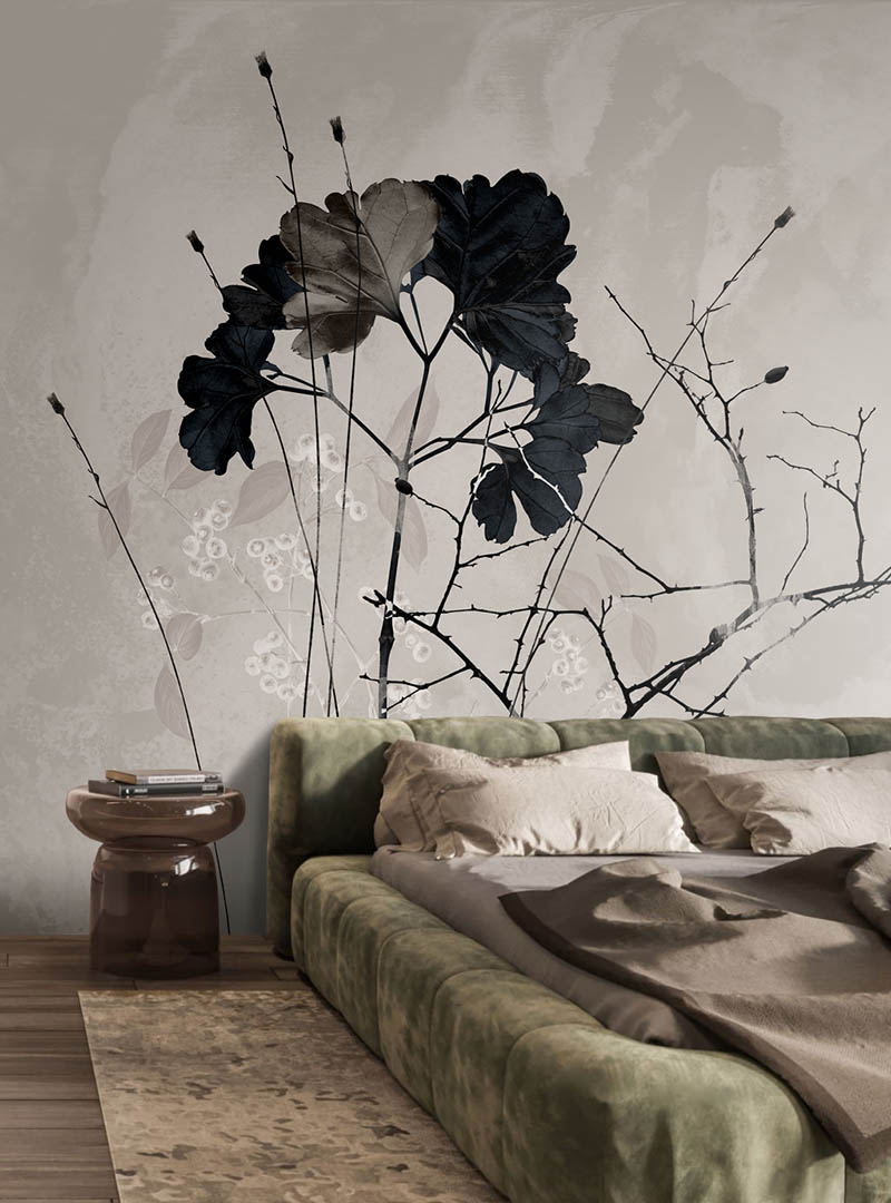 Herbarium botanical wallpaper mural with dark leaves and soft neutral background