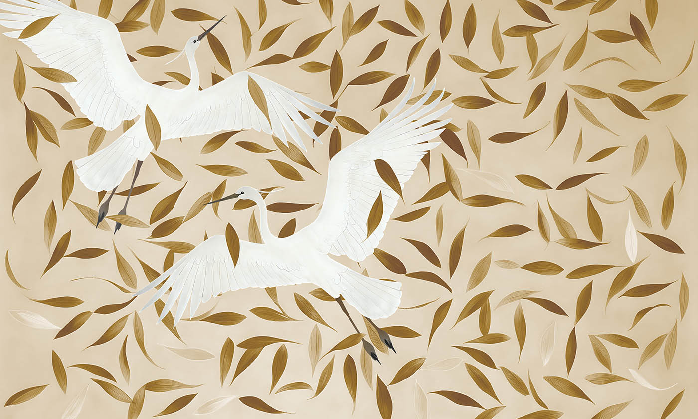 furaito-full-mural-toronto wallpaper crane and gold leaf wall mural - wallpaper in neutral tones full composition Toronto Furaito