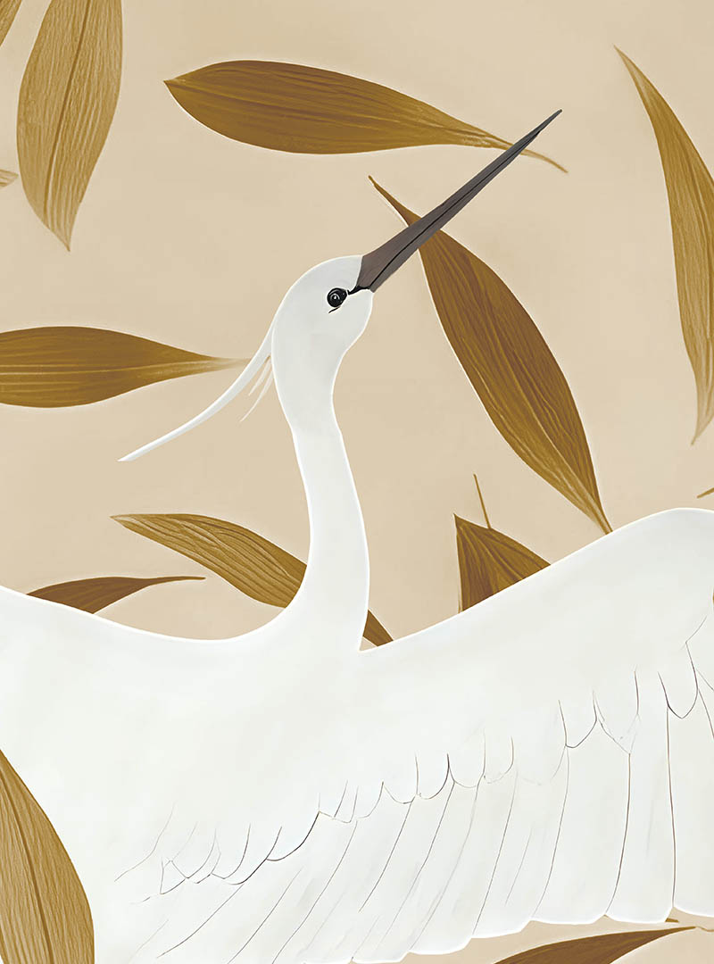 furaito-crane-detail-toronto-walpaper crane wall mural detail with gold leaves and neutral background Toronto Wallpaper Furaito