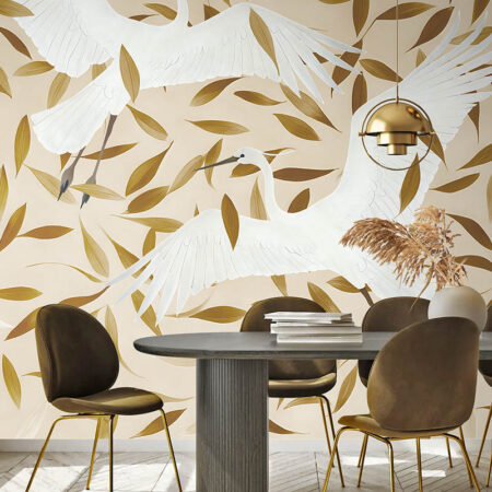 furaito crane wall mural in modern dining room interior with gold accents Toronto